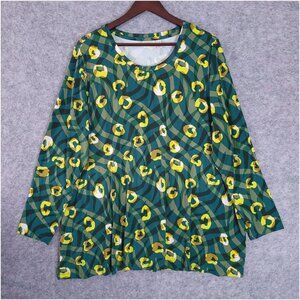 LOGO by Lori Goldstein 2X Green Printed Rayon 230 Scoop Neck Long Sleeve Top